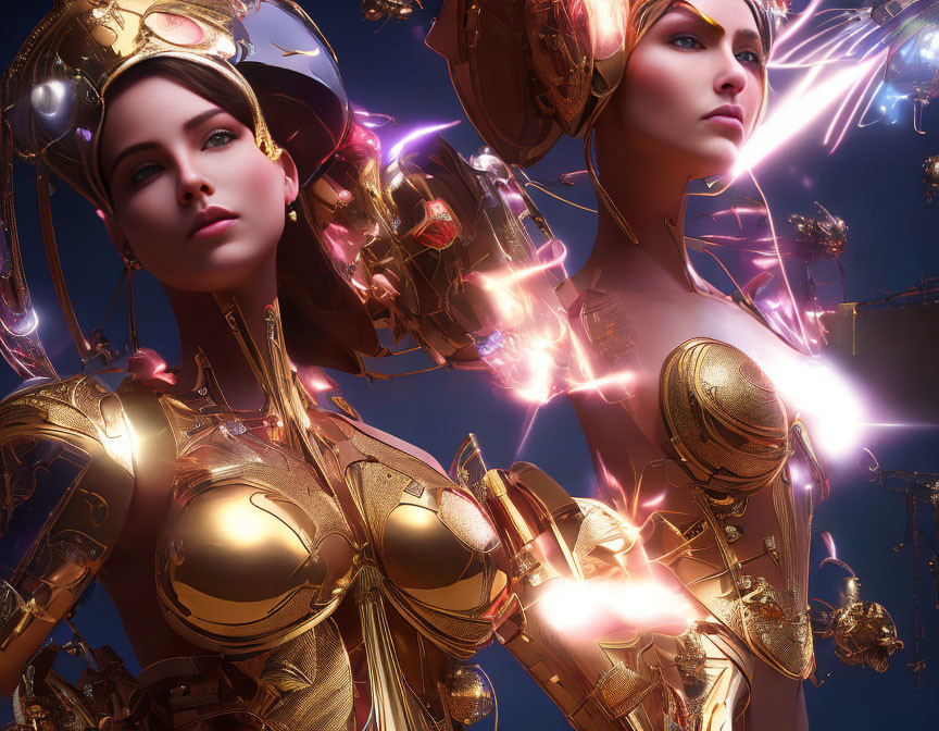 Futuristic female androids in golden armor with pink energy beams on dark blue background