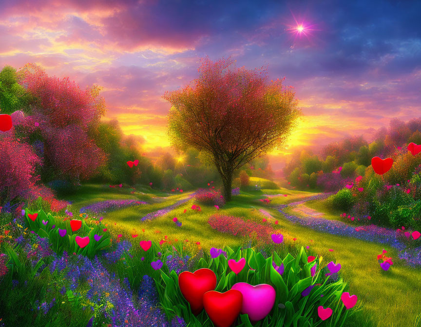 Colorful landscape with central tree, flowers, and heart shapes under radiant sunset