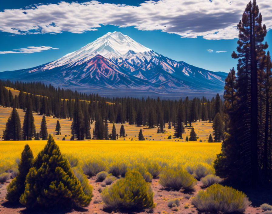 Snow-capped mountain, yellow wildflower meadow, evergreen trees - scenic landscape view