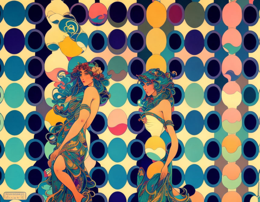 Art Nouveau-inspired illustration of mirror-image figures with flowing hair in colorful circles