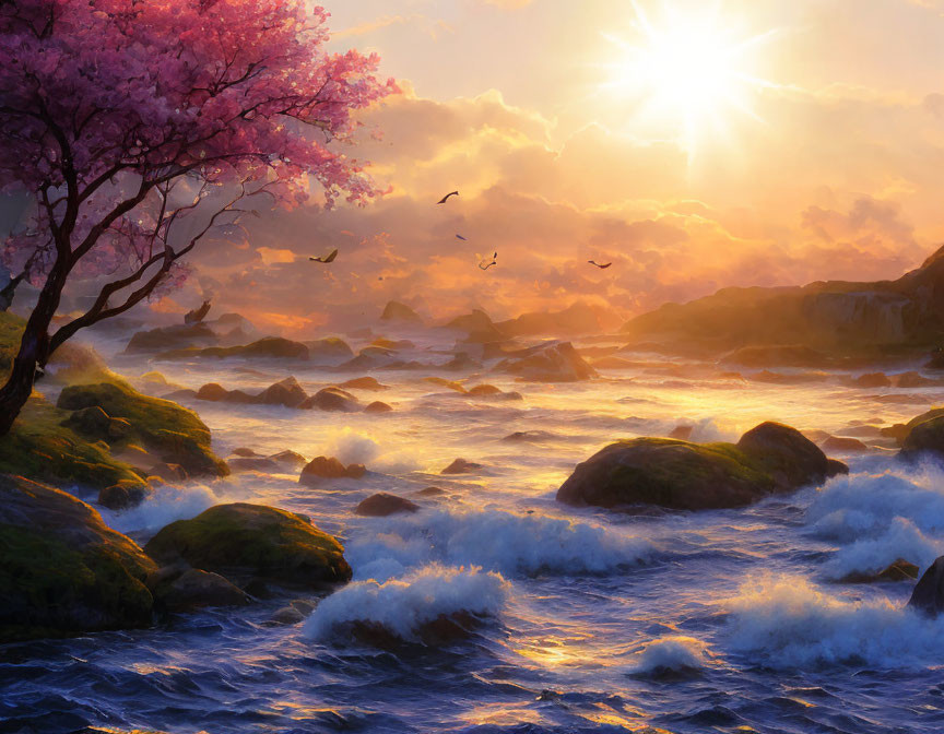 Tranquil pink cherry blossom tree by rocky shore at sunset