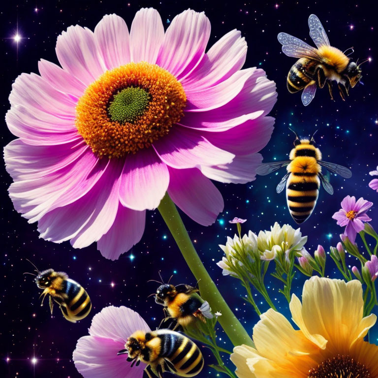 Pink Flower and Bees on Starry Background