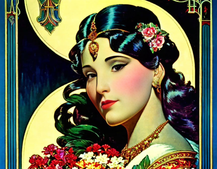 Art Nouveau woman with dark hair and floral jewelry in vintage illustration