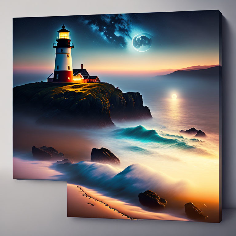 Lighthouse on Cliff Canvas Print with Moonlit Ocean at Twilight
