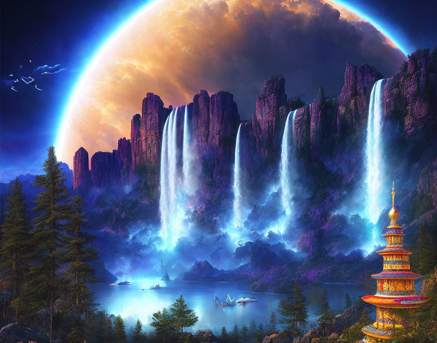 Fantastical landscape with multilevel pagoda, waterfalls, and rainbow arc
