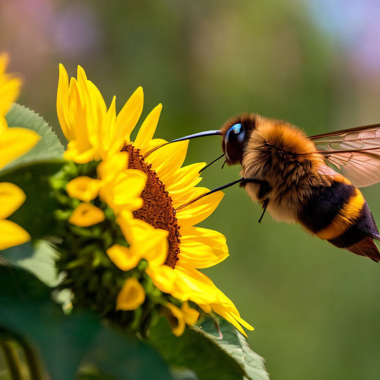 Macro photo: Bee with extended proboscis on sunflower