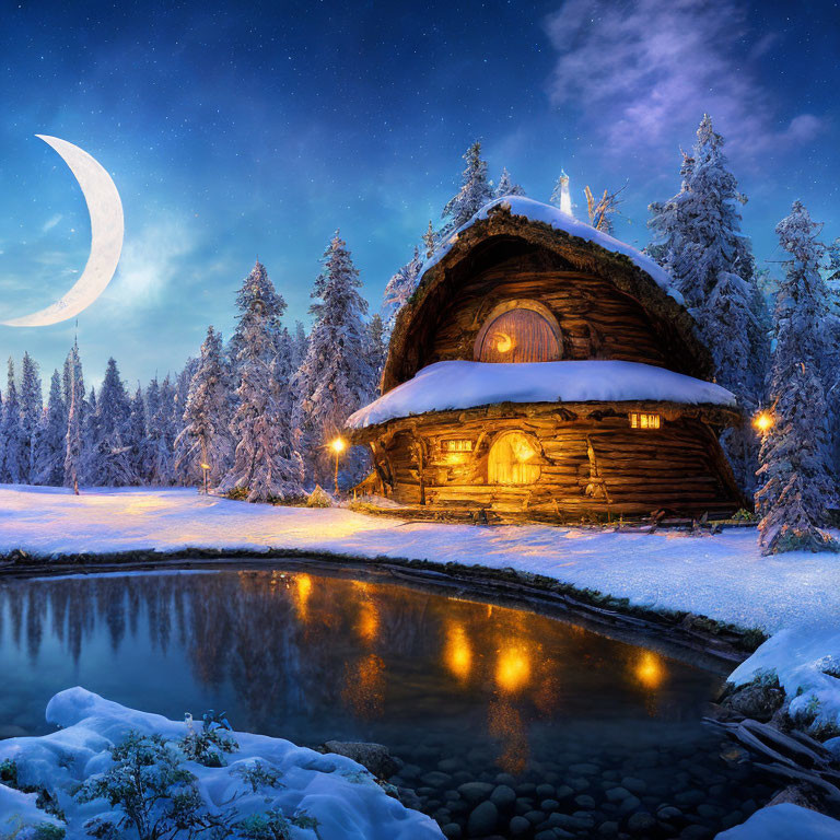 Cozy wooden cabin in snowy forest under starry sky