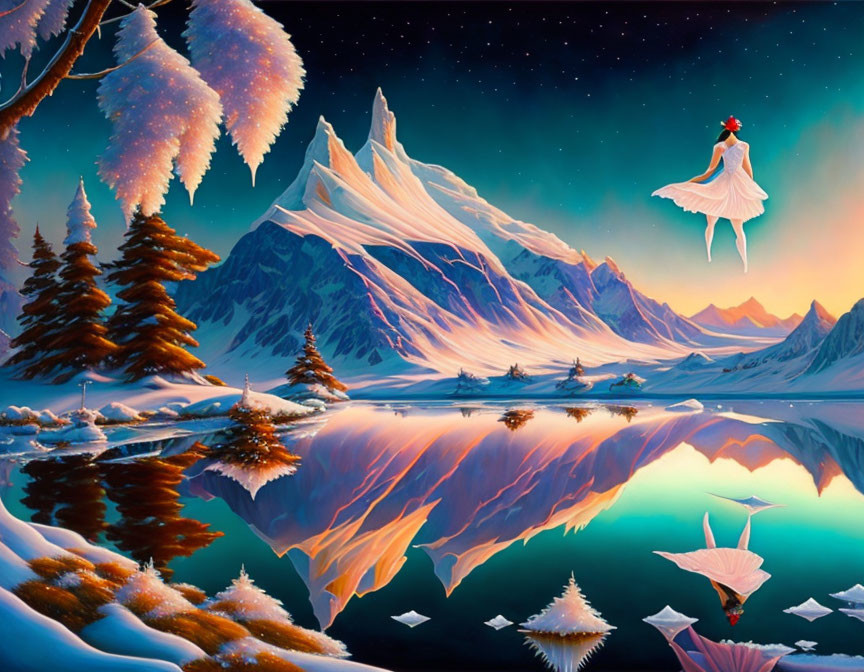 Surreal landscape with snow-capped mountain, pine trees, reflective lake, paper boats, and