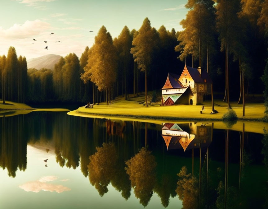 Tranquil Lakeside Sunset Scene with Whimsical House and Birds