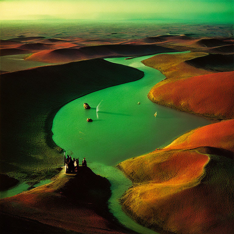 Aerial View of Green River Among Red-Orange Dunes