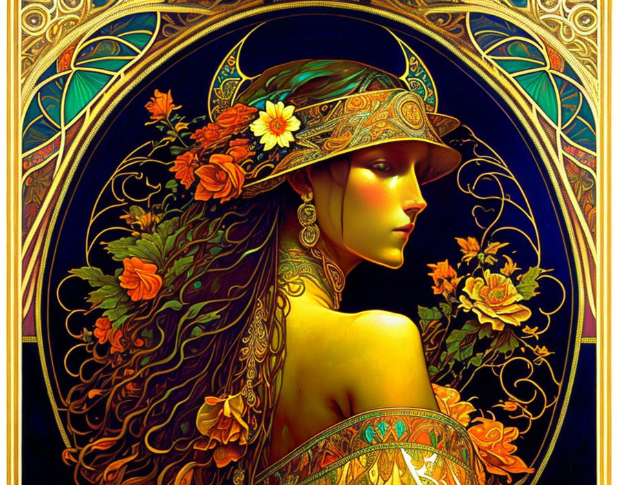 Art Nouveau Style Woman Illustration with Floral Hat and Flowing Hair in Golden Backdrop