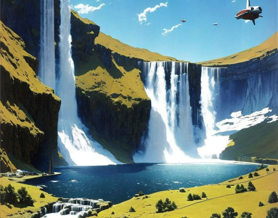 Majestic waterfall cascading into serene lake with lush green cliffs and futuristic aircraft in vibrant landscape