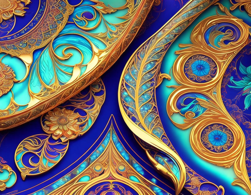 Intricate Gold Patterns on Vibrant Blue Background