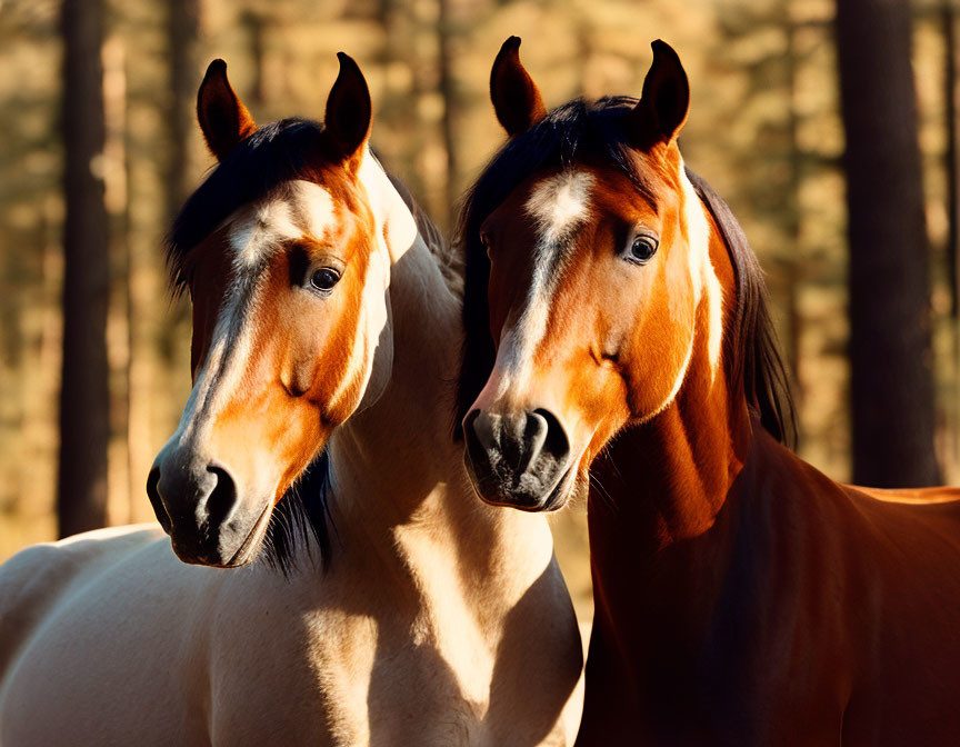 Two brown horses with black manes in golden sunlight beside trees