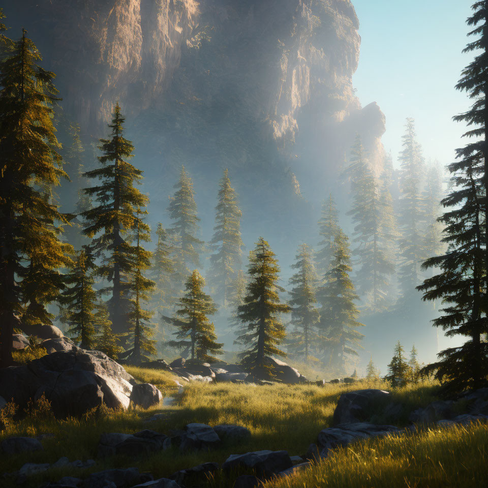 Misty forest with tall pines and rocky terrain under sunlight