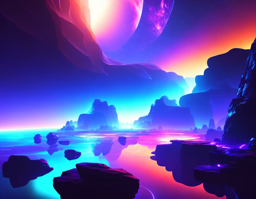 Alien landscape digital art with vibrant colors and surreal elements