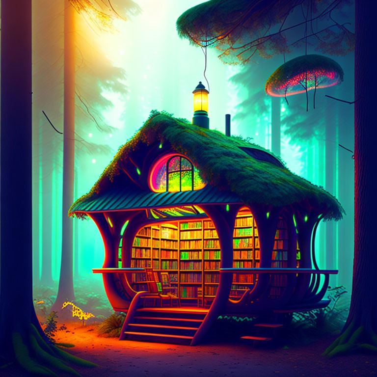 Illustration of Thatched-Roof Cottage in Enchanted Forest with Bookshelves