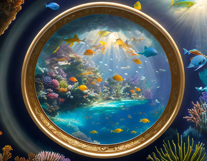 Colorful underwater fish and coral in golden frame.