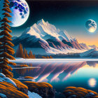 Surreal landscape with snow-capped mountain, pine trees, reflective lake, paper boats, and