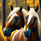 Two brown horses with black manes in golden sunlight beside trees