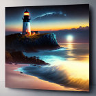 Lighthouse on Cliff Canvas Print with Moonlit Ocean at Twilight