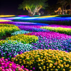 Colorful Night Garden Illuminated by Multicolored Lights