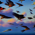 Dark-winged birds with orange beaks in twilight sky with soft clouds