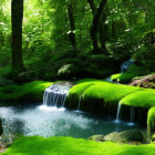 Tranquil forest landscape with mossy waterfalls and pink flowers