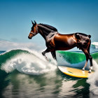 Brown horse surfing on yellow board in ocean waves under blue sky