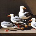 Illustrated seagulls with espresso cups and saucers on dark surface