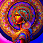 Colorful digital art featuring woman with decorative patterns on mandala background.