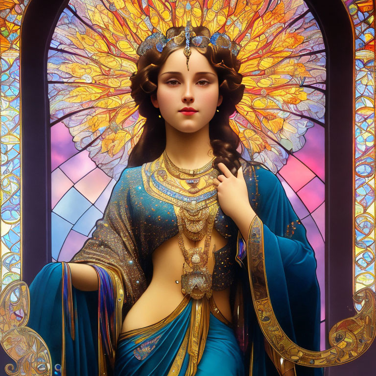 Portrait of Woman in Gold Jewelry and Blue Outfit Against Stained Glass