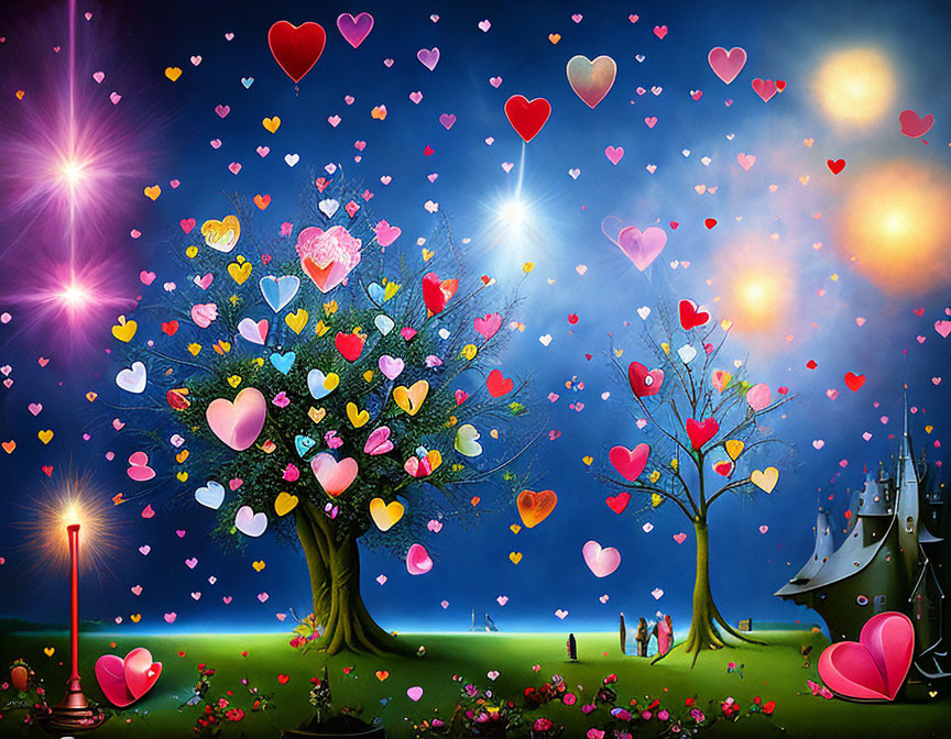 Colorful Fantasy Landscape with Heart-shaped Trees, Castle, and Starry Sky