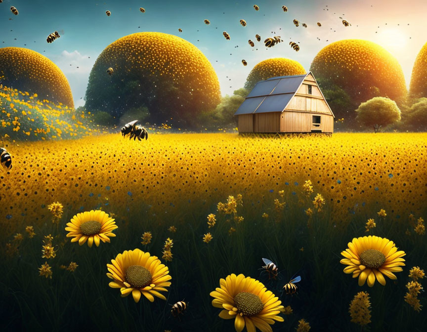 Whimsical landscape with oversized sunflowers, wooden house, and large bees