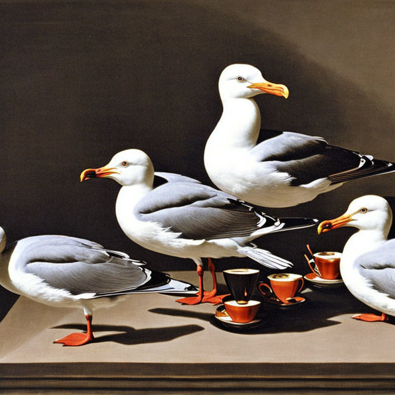 Illustrated seagulls with espresso cups and saucers on dark surface