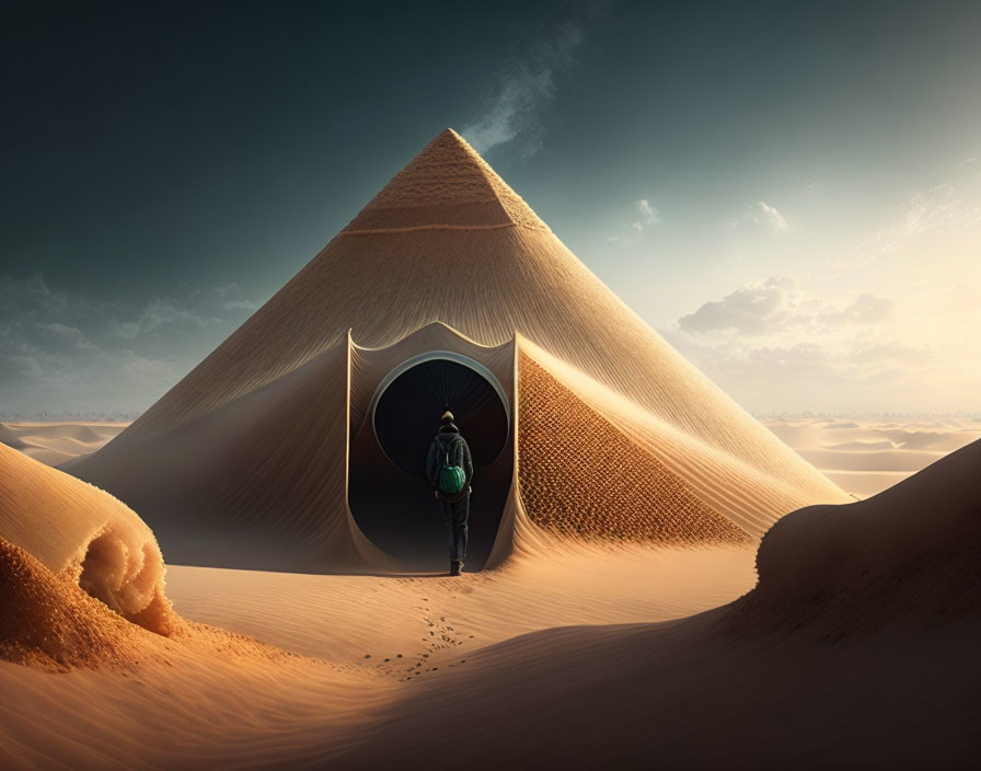 Surreal triangular doorway in desert landscape