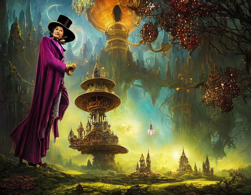 Fantasy landscape with character in hat and cloak, floating city, vibrant flora, and ethereal lighting