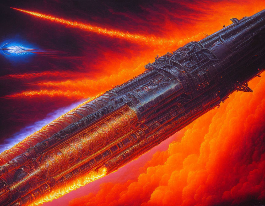Intricately detailed spaceship in cosmic scene with orange clouds and blue star