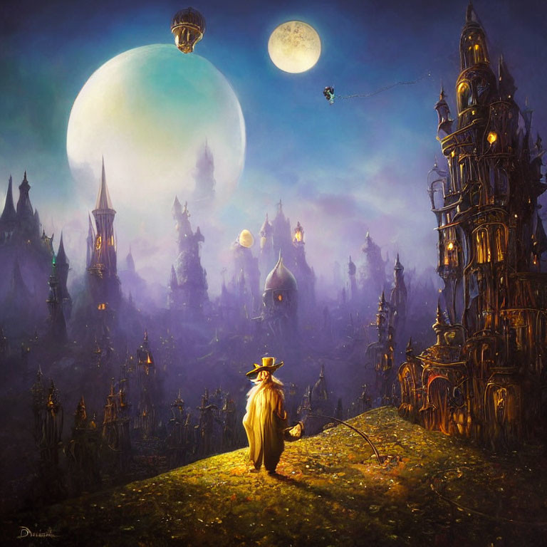 Robed figure with staff gazes at city of towering spires under moon