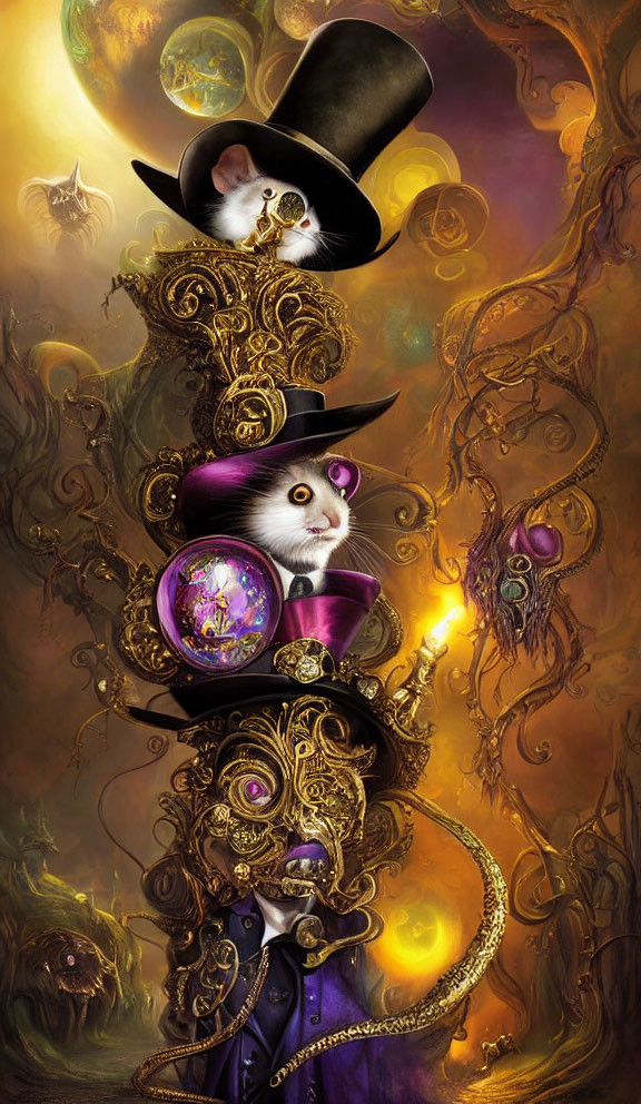 Stacked Cats in Top Hats with Mystical Purple and Golden Accessories