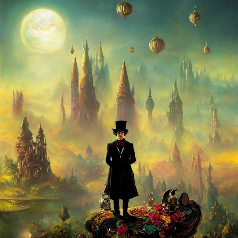 Person in top hat in fantastical landscape with towering spires, floating lanterns, and luminous