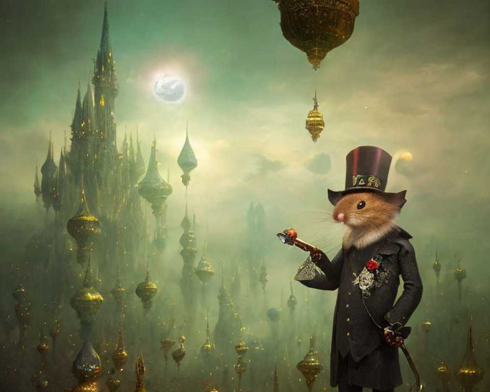 Anthropomorphic mouse in formal attire with glowing castle and floating lanterns