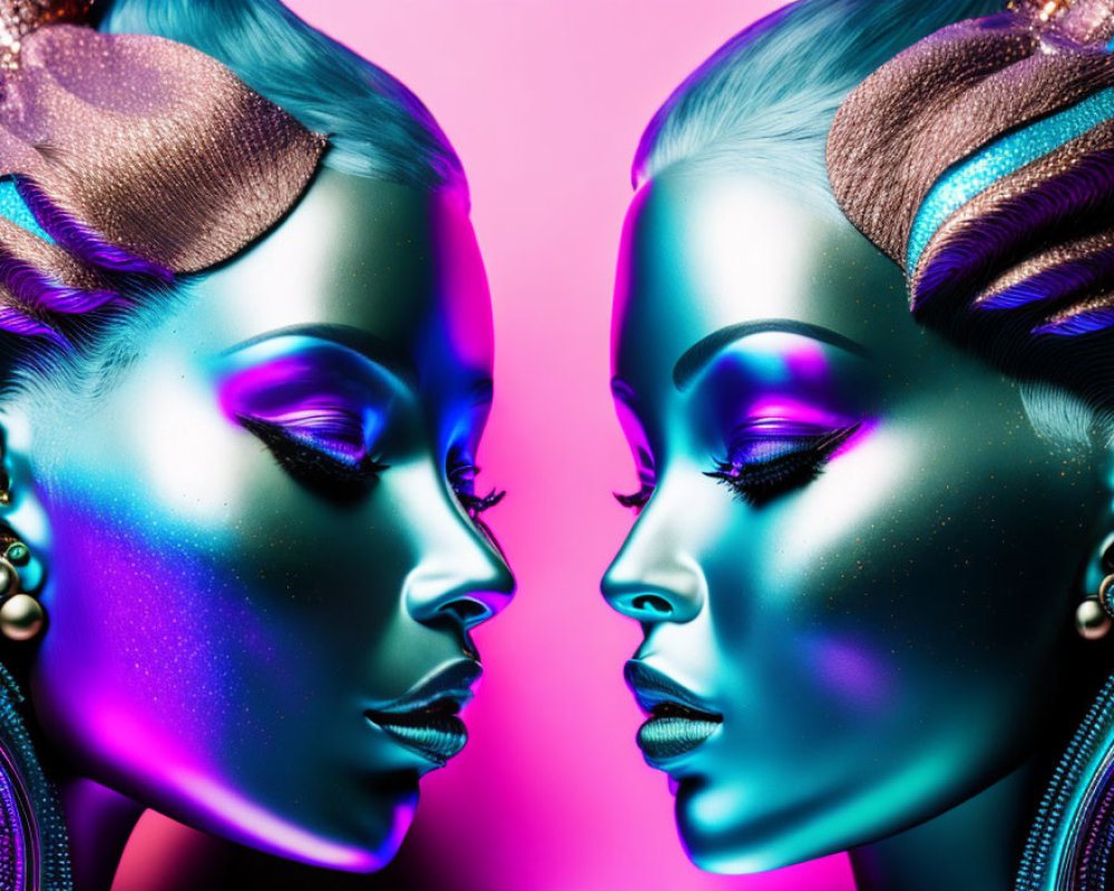 Symmetrical faces with blue and pink lighting, futuristic makeup, pearl earrings on pink background