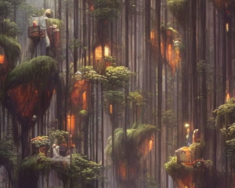 Mystical forest with tall trees, glowing lights, and figures in misty landscape