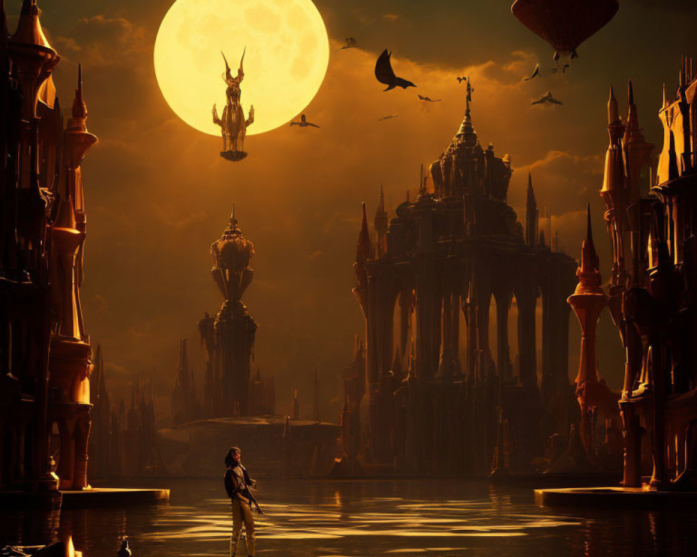 Fantastical cityscape with spires, flying vessels, and moonlit sky
