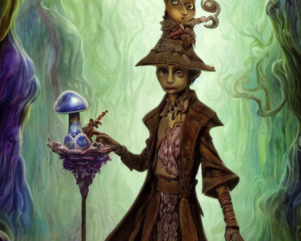 Character with Mushroom Hat and Glowing Staff Artwork