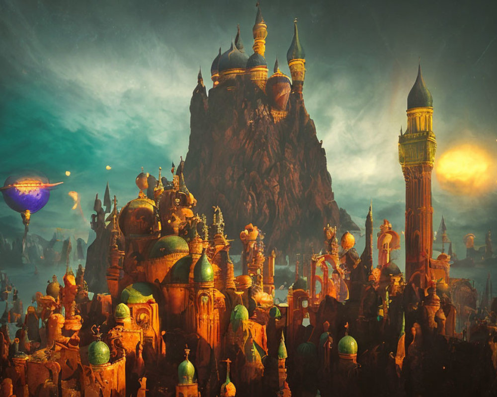Opulent golden-domed cityscape with floating structures in mystical sky