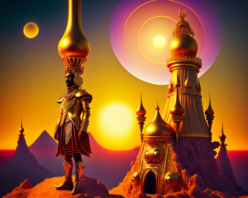 Warrior in ornate armor by golden domes at sunset