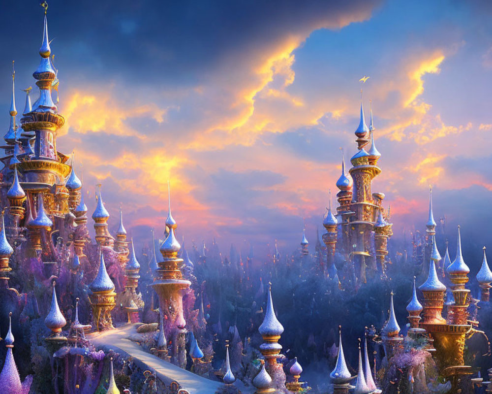 Fantastical towers and spires in sunset-lit sky with birds - magical landscape