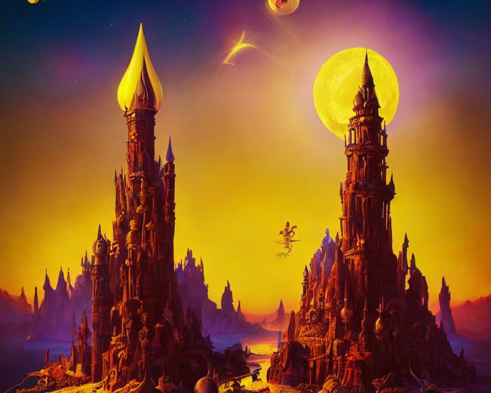 Fantastical landscape with towering spires under large moon and purple sky.